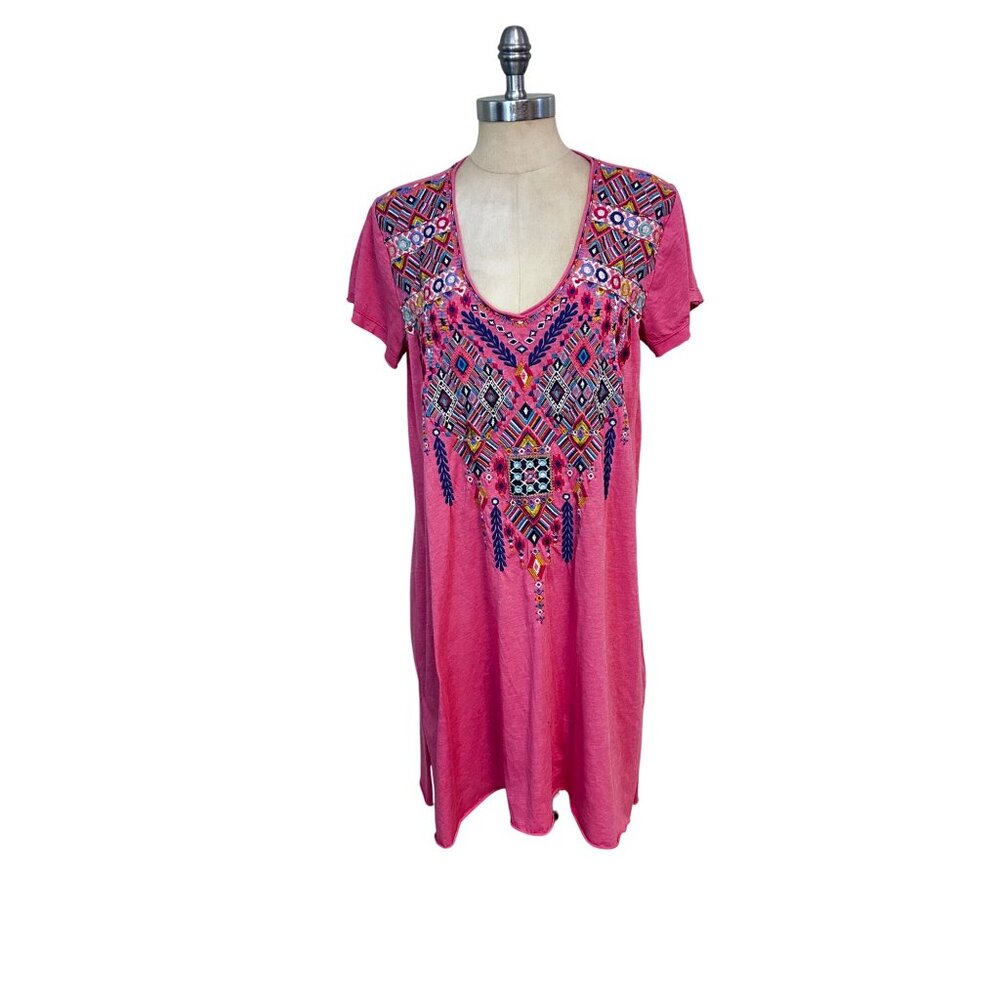 Johnny Was Pink Embroidered Tunic Dress Short Sleeves Boho Style Medium
